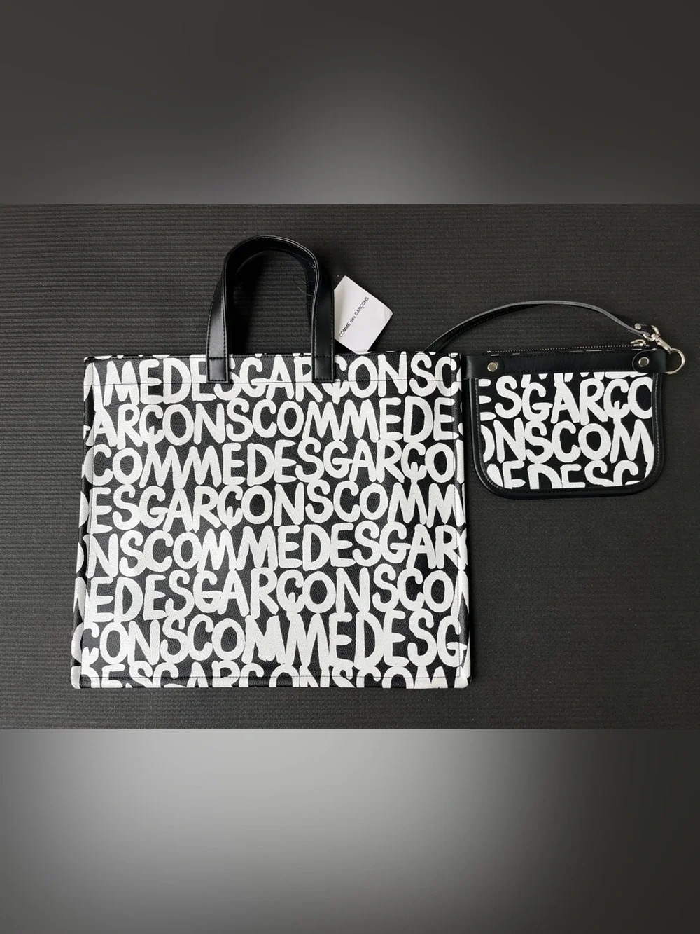 Comme des Garcons Black and White Allover Print Logo Tote